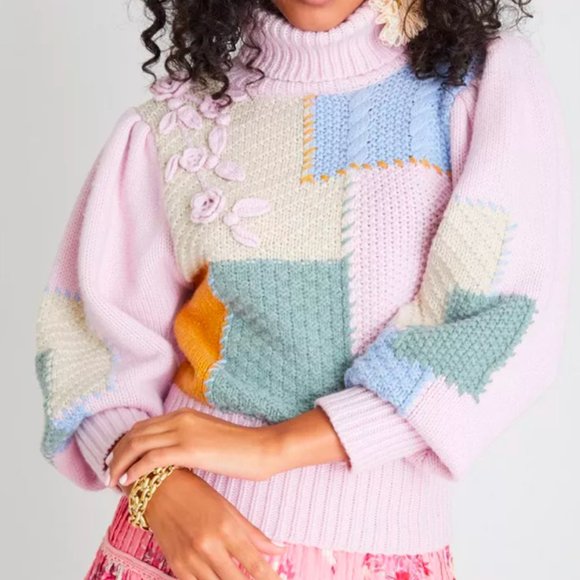 LoveShackFancy Allan Patchwork Knit Turtleneck Sweater - Picture 2 of 11